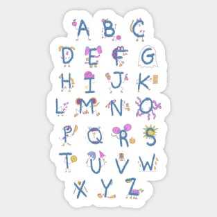 Cute alphabet characters | A to Z | pink blue purple on charcoal Sticker